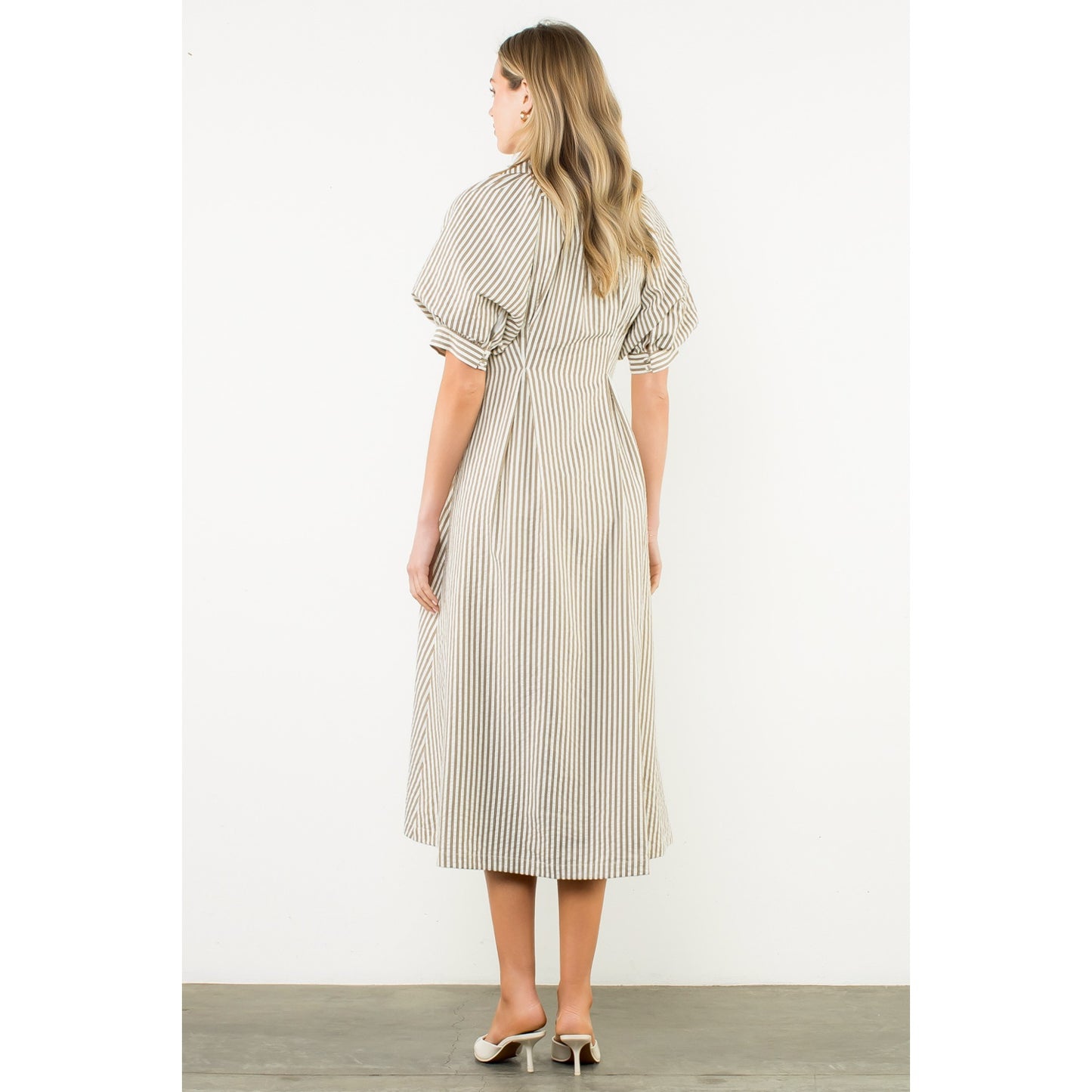 Puff Sleeve Striped Texture Maxi Dress