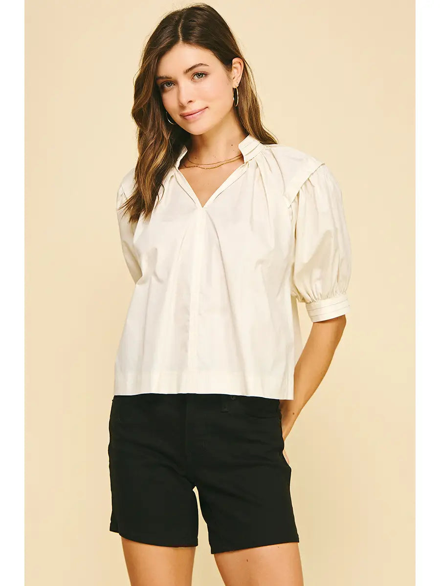 Balloon Sleeve V-Neck Blouse