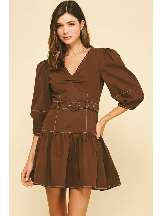 Puffed Sleeve Belted Mini Dress