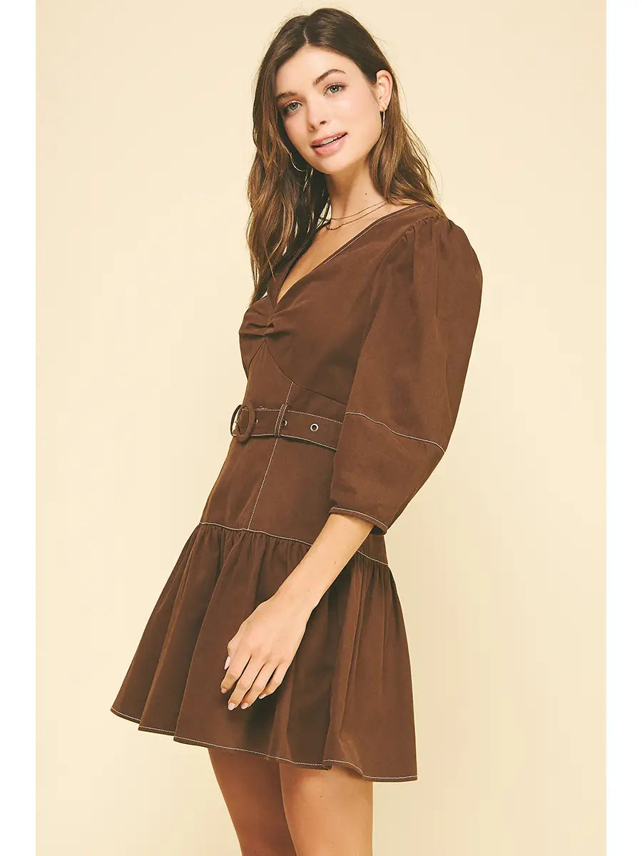 Puffed Sleeve Belted Mini Dress
