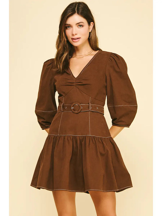 Puffed Sleeve Belted Mini Dress