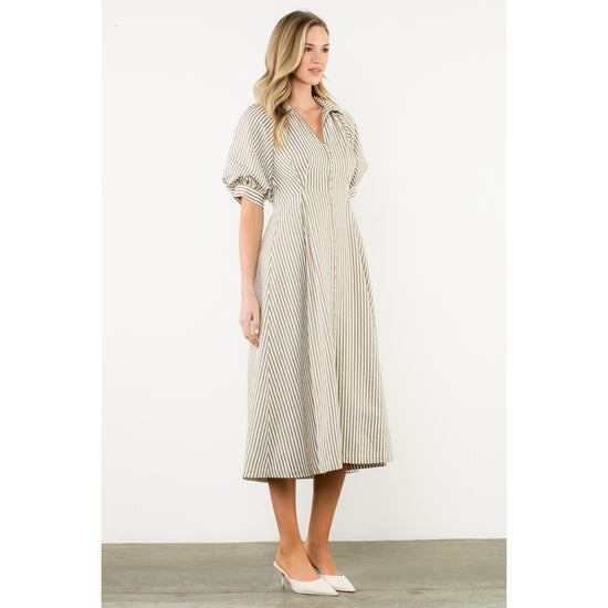 Puff Sleeve Striped Texture Maxi Dress