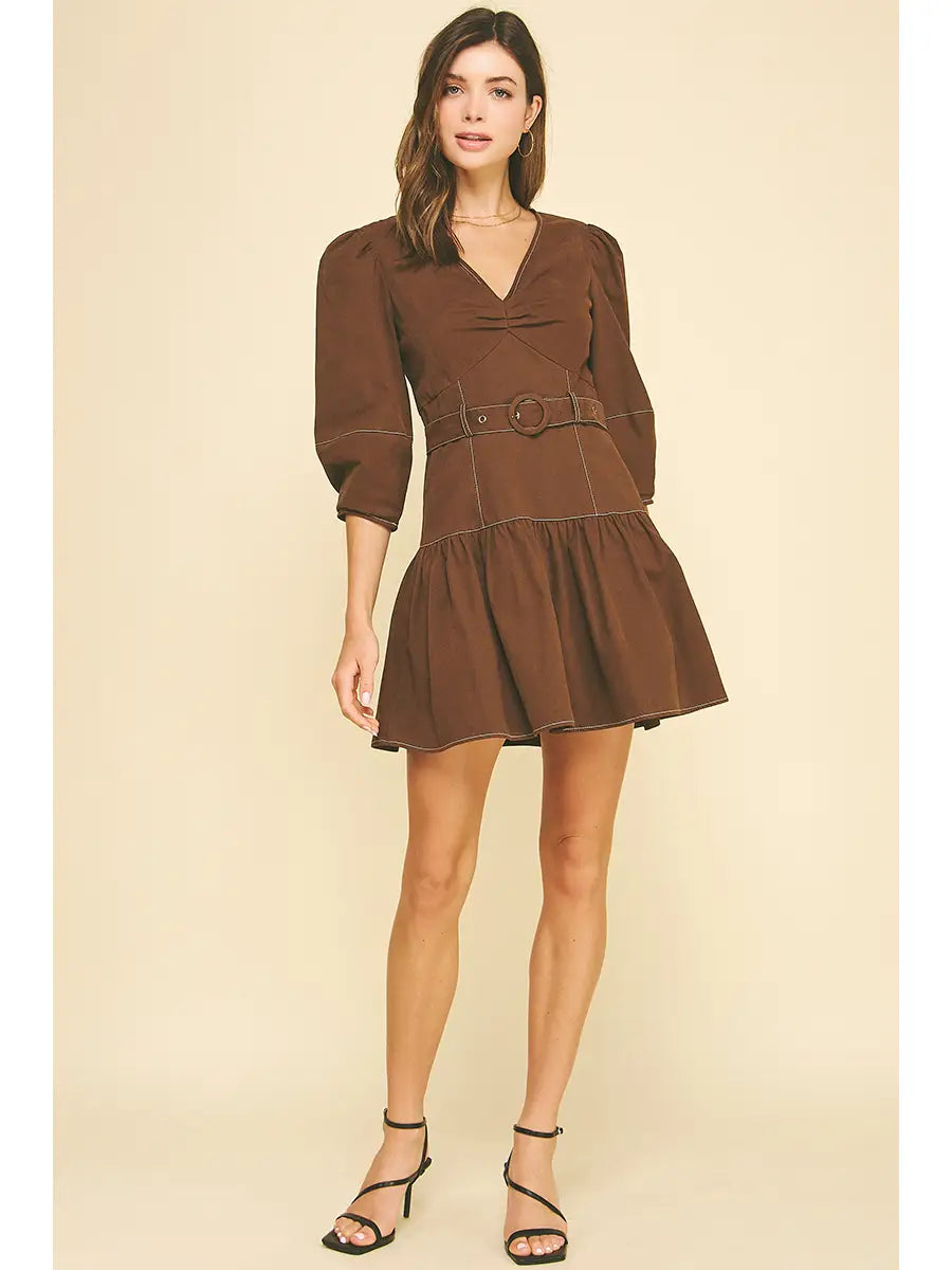 Puffed Sleeve Belted Mini Dress