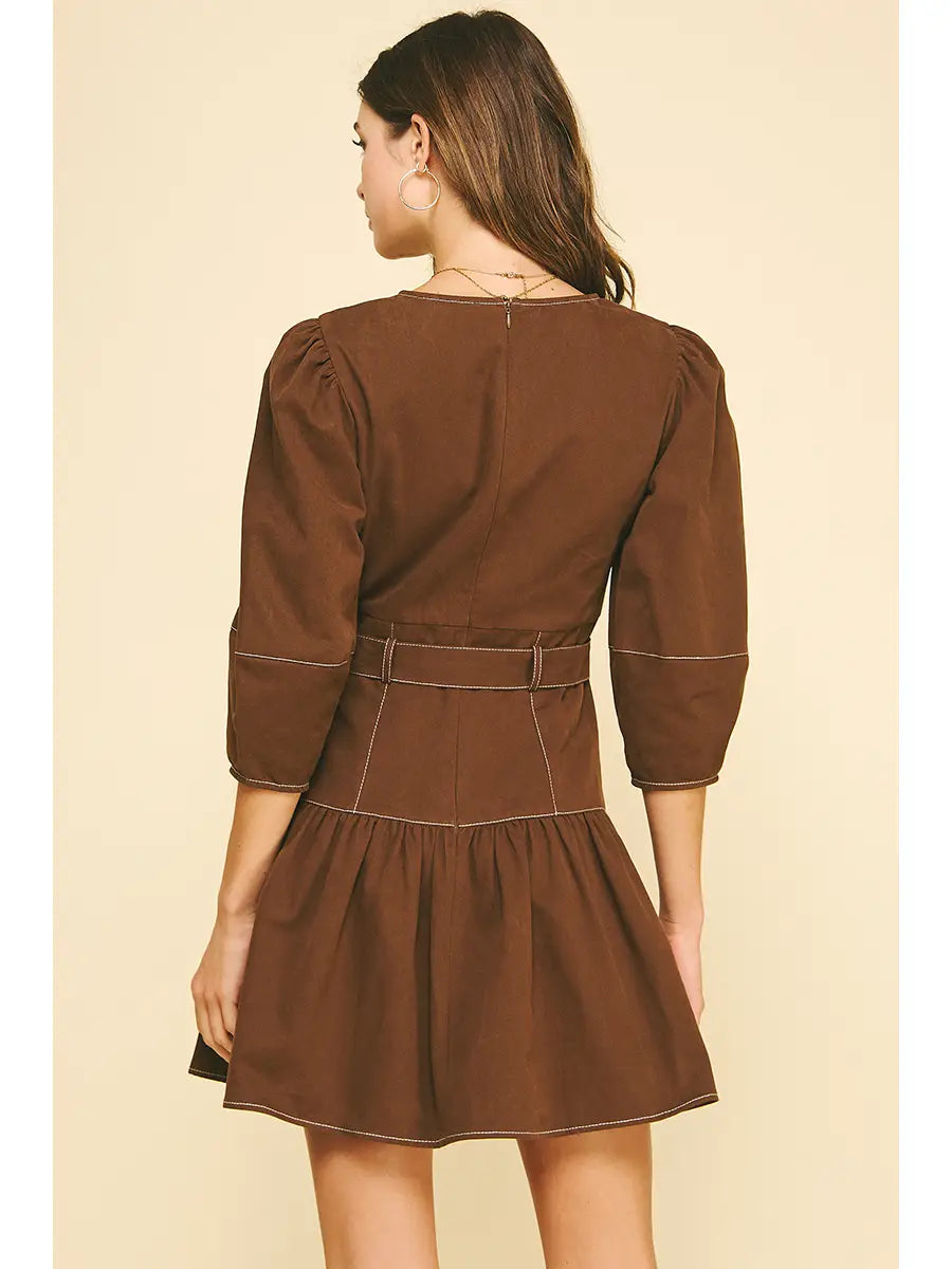 Puffed Sleeve Belted Mini Dress