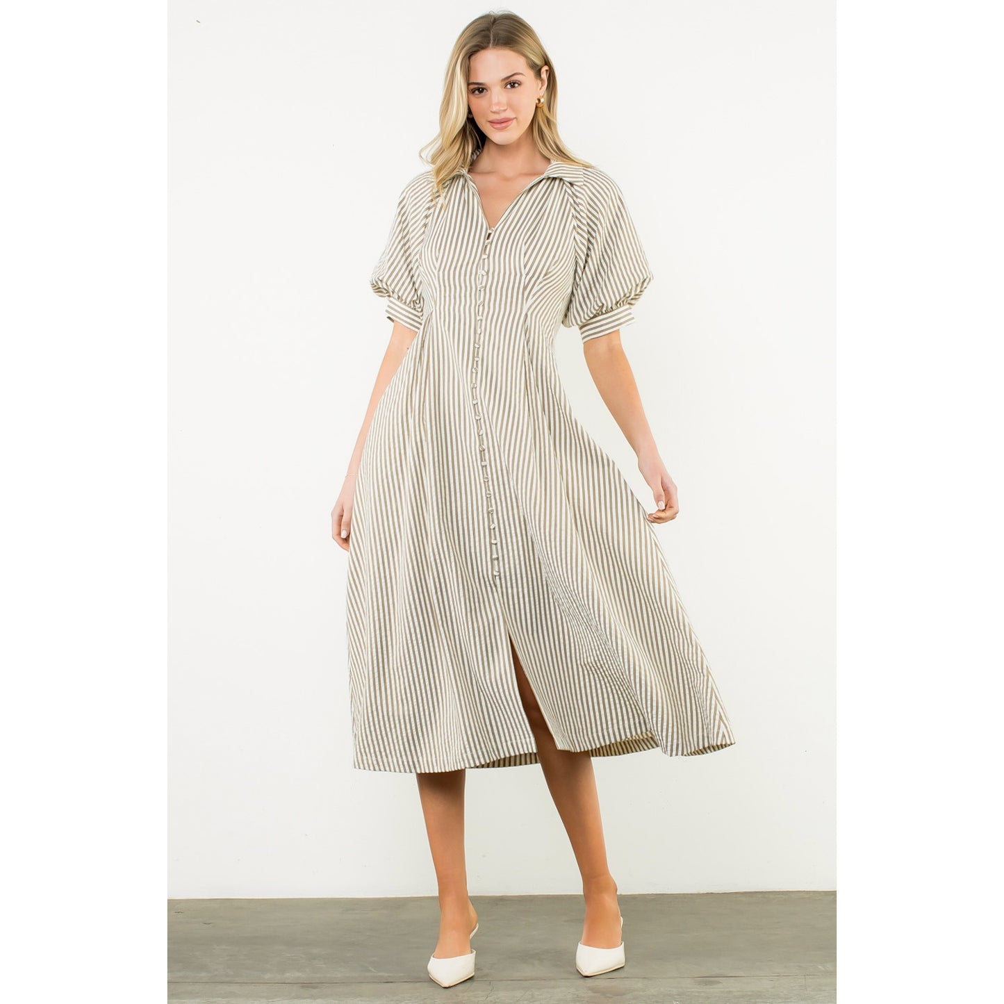 Puff Sleeve Striped Texture Maxi Dress