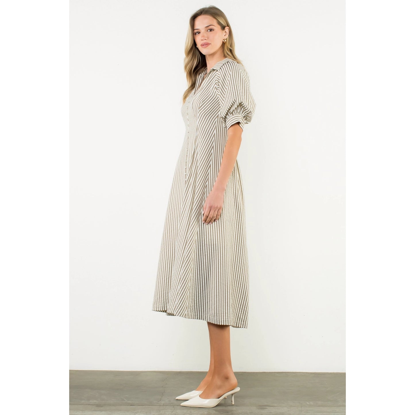 Puff Sleeve Striped Texture Maxi Dress
