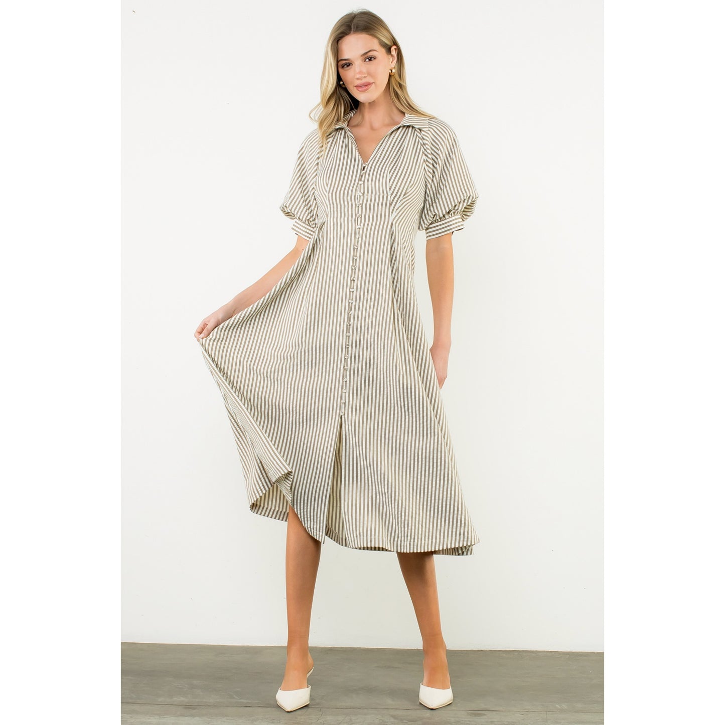 Puff Sleeve Striped Texture Maxi Dress
