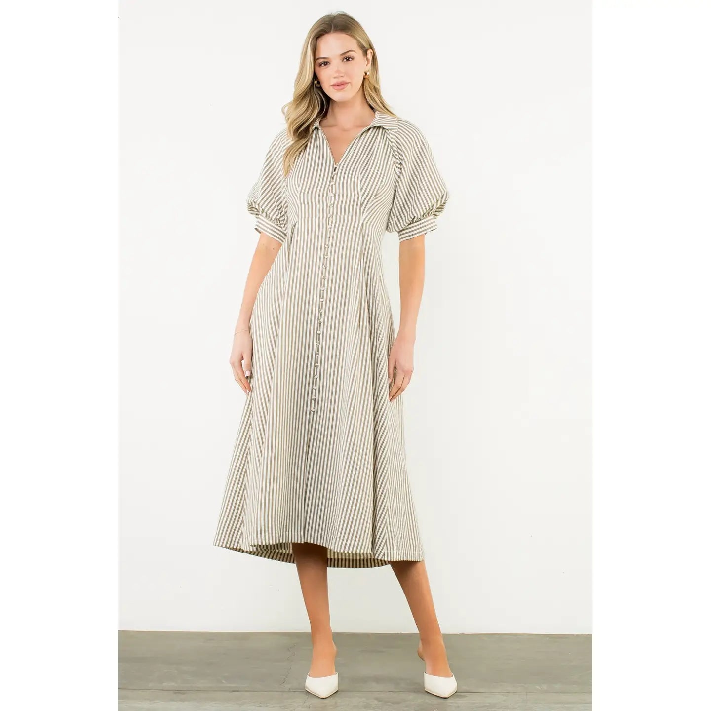 Puff Sleeve Striped Texture Maxi Dress