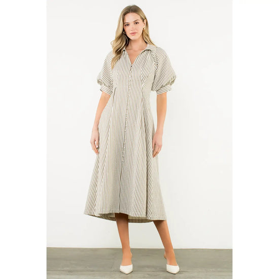 Puff Sleeve Striped Texture Maxi Dress