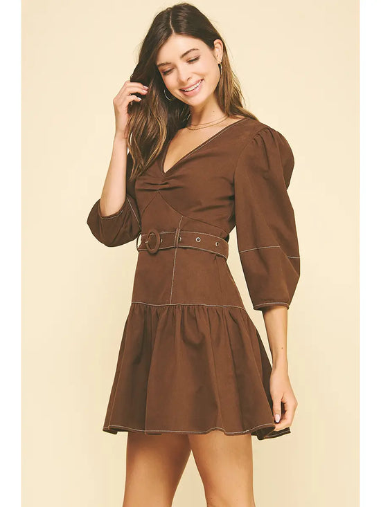 Puffed Sleeve Belted Mini Dress